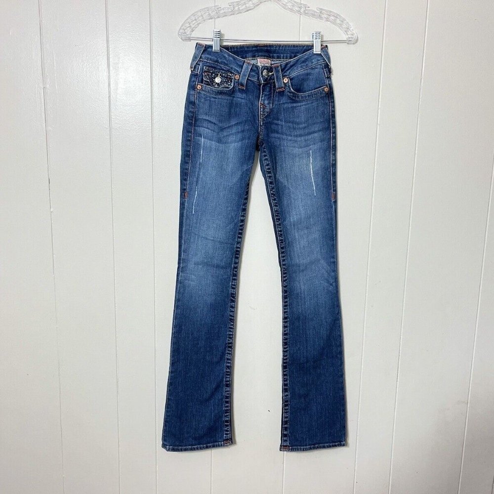 True Religion Bootcut Jeans Size 25 Crystal Rhinestone Flap Pocket Y2K Denim